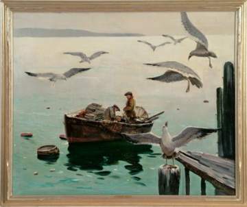 Anthony Thieme - (American, 1888-1954) "Seagulls & Fisherman" 